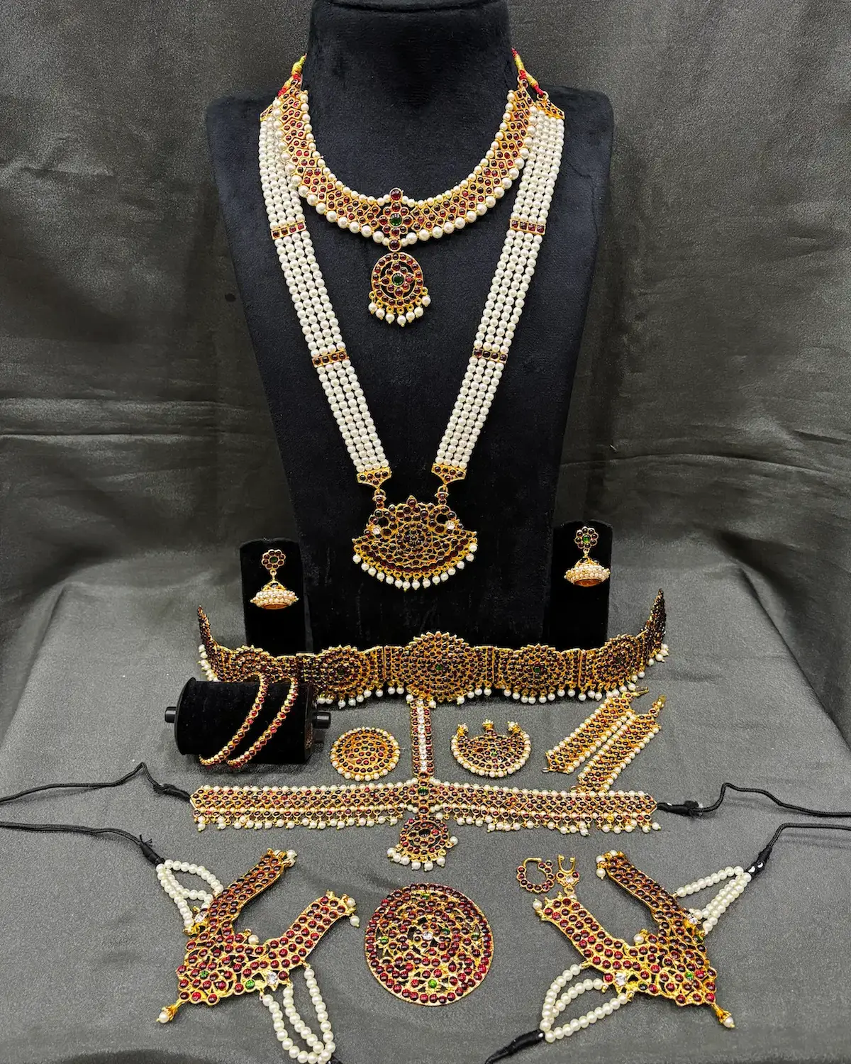 Traditional Kemp Stone & Pearl Bharatanatyam Jewellery Set
