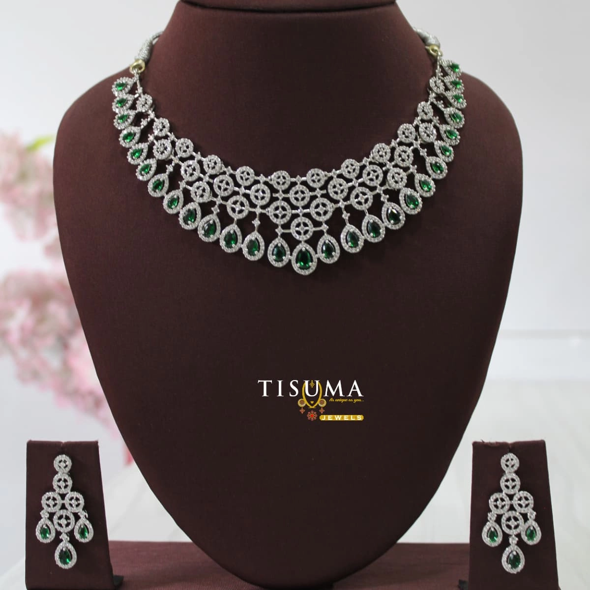 Green Emerald AD Bridal Necklace Set