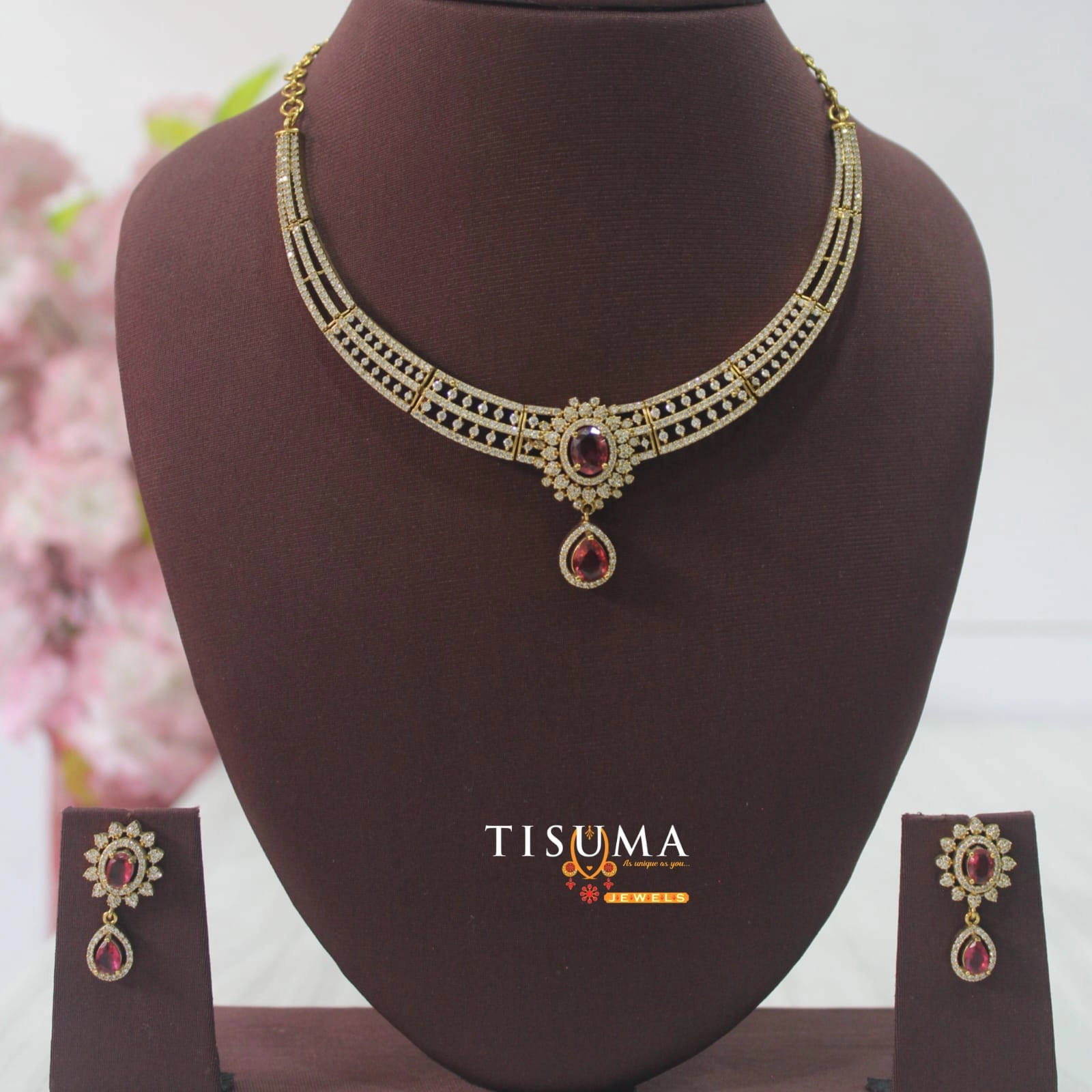 Victorian Ruby Stone Pendant Necklace Set