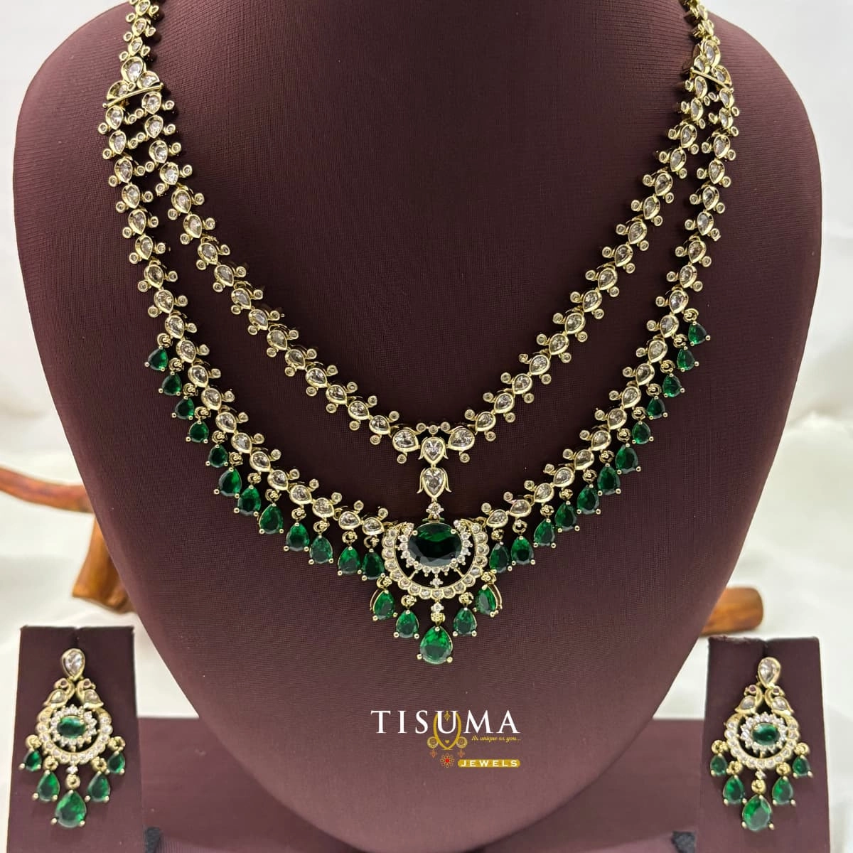 Victorian Green Stone Double Layer Necklace Set