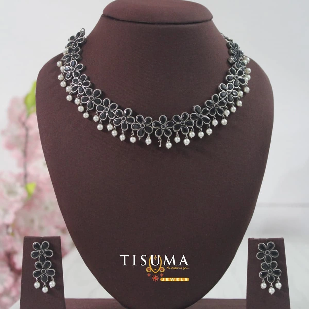 Oxidized Floral Pearl Necklace Set