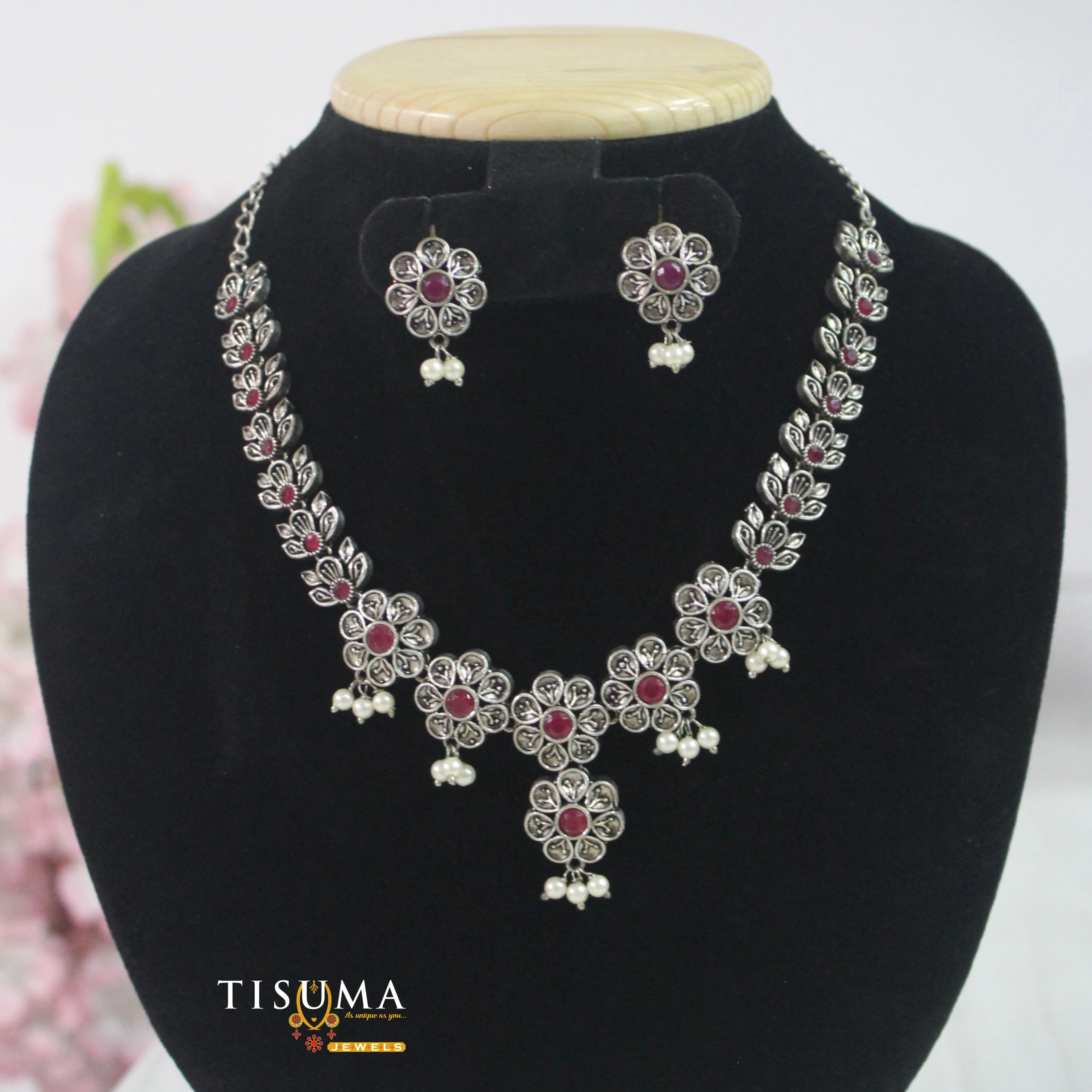 Oxidized Floral Ruby Pearl Necklace Set
