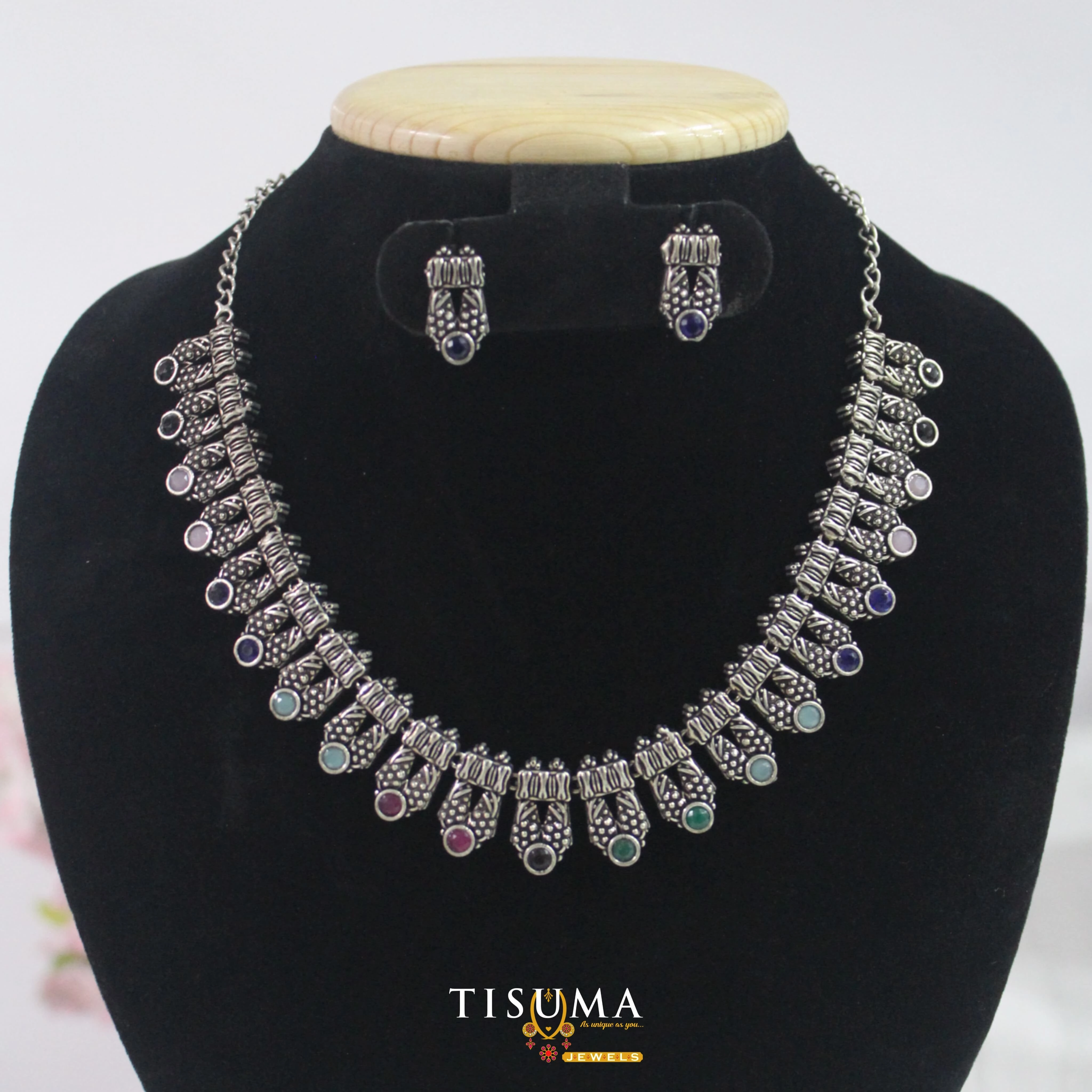 Oxidized Multicolour Stone Necklace Set