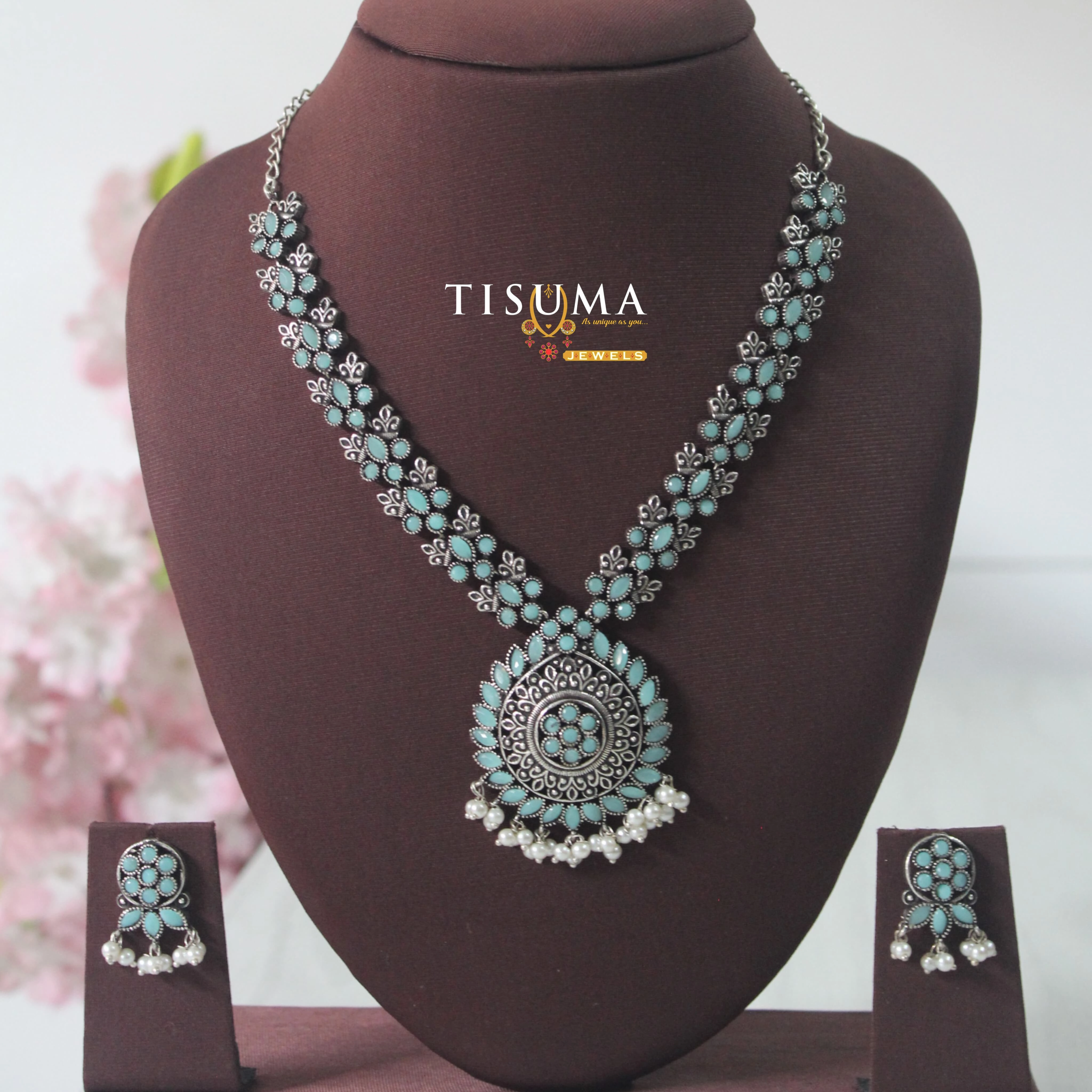 Oxidized Turquoise Stone Necklace Set
