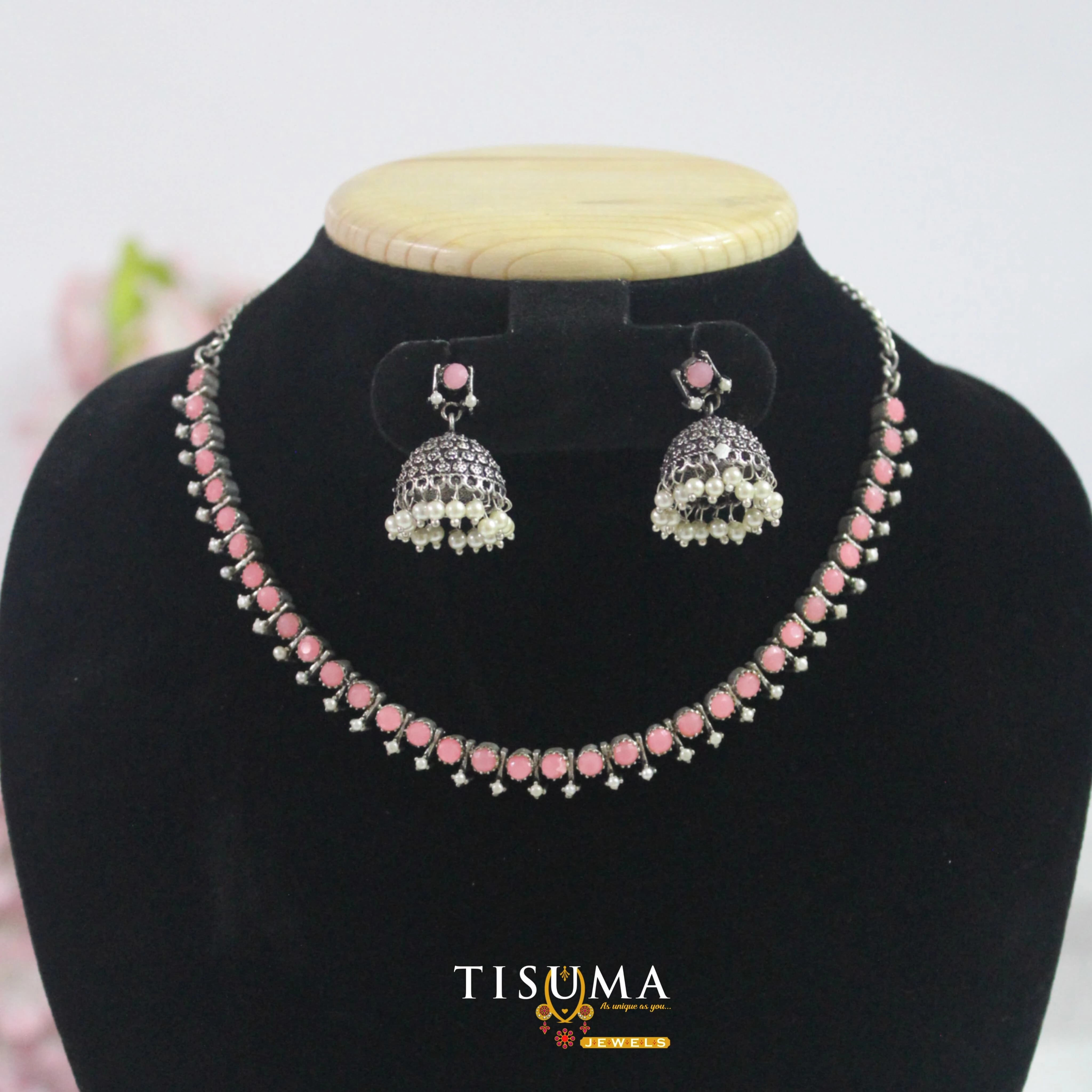 Oxidized Pink Stone Necklace Set