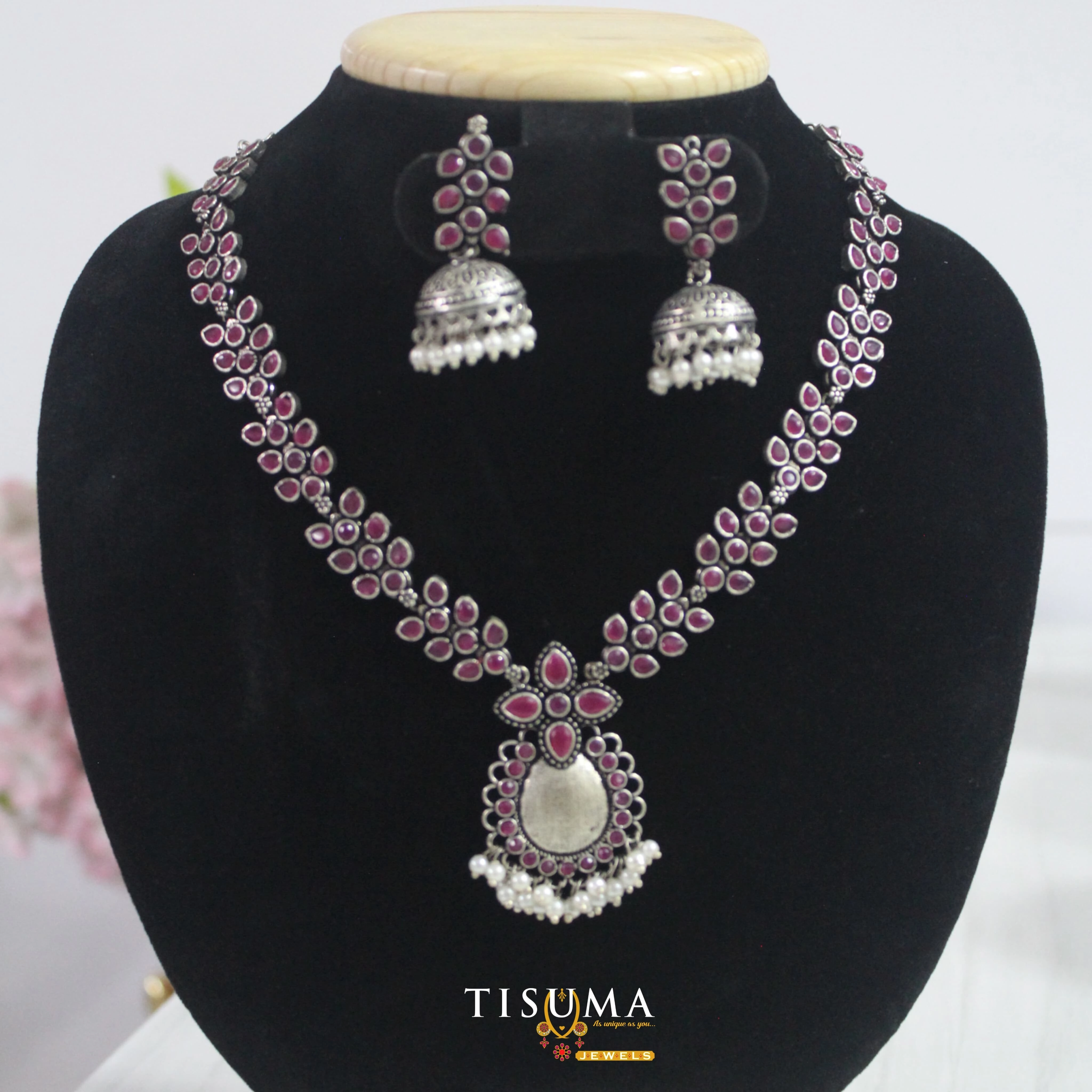 Oxidized Ruby Stone Necklace Set