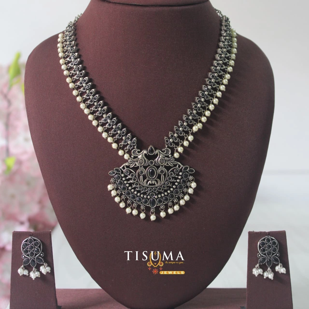 Oxidized Black Stone Pearl Necklace Set