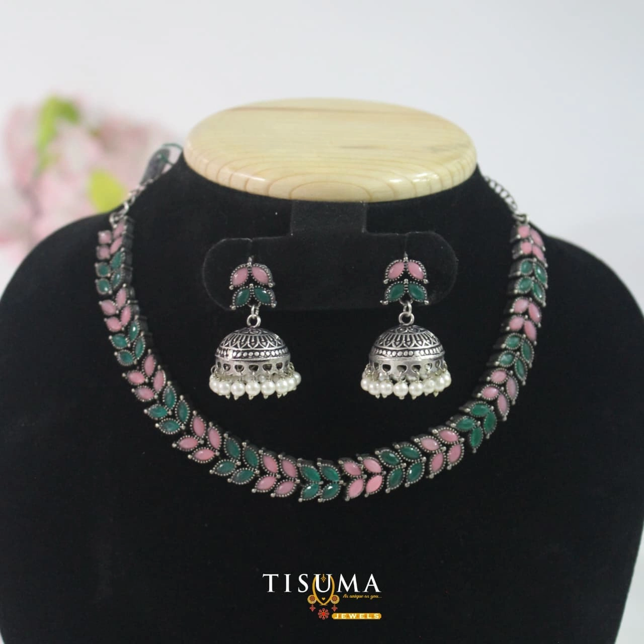 Oxidized Pink & Green Leaf Necklace Set