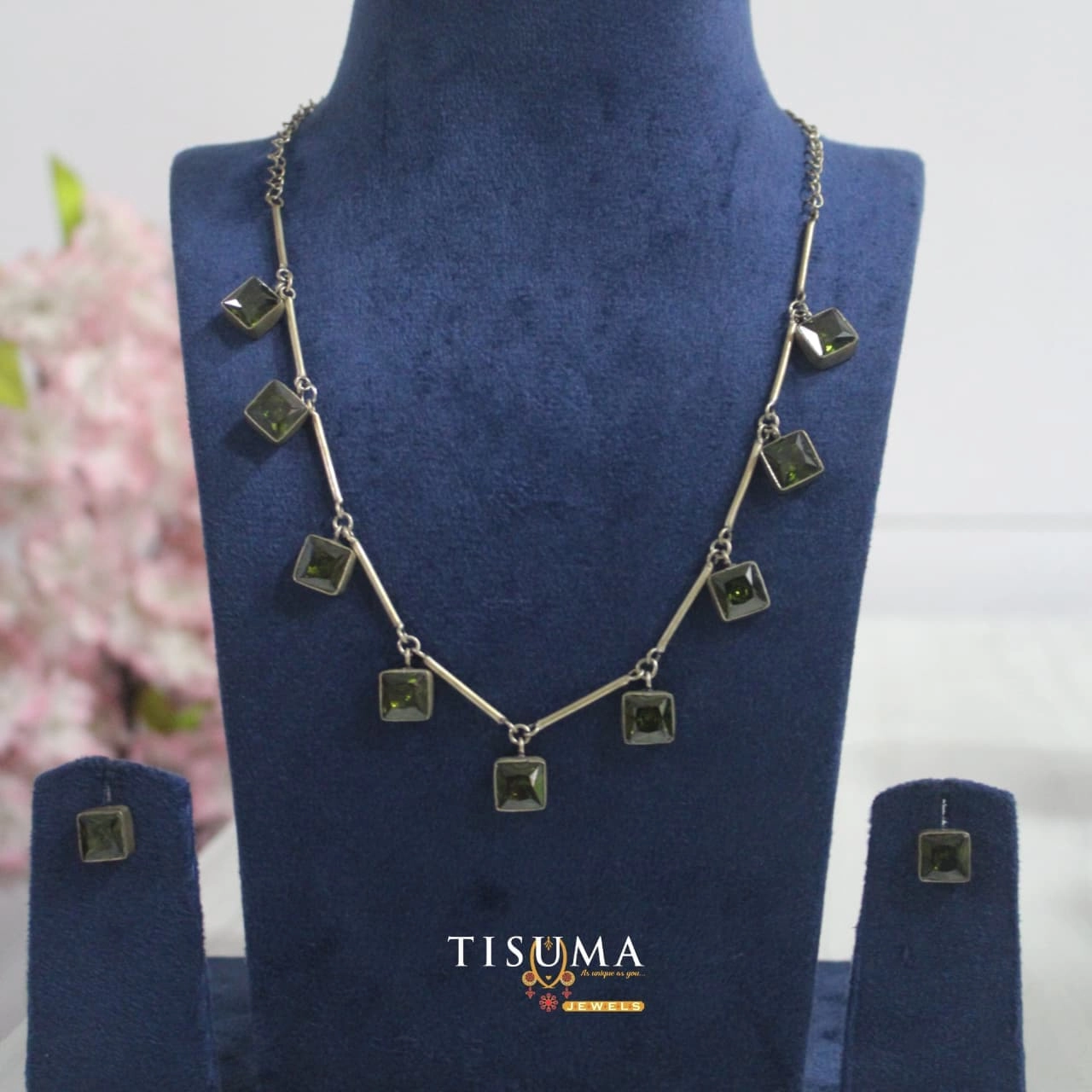 Oxidized Green Square Stone Necklace Set