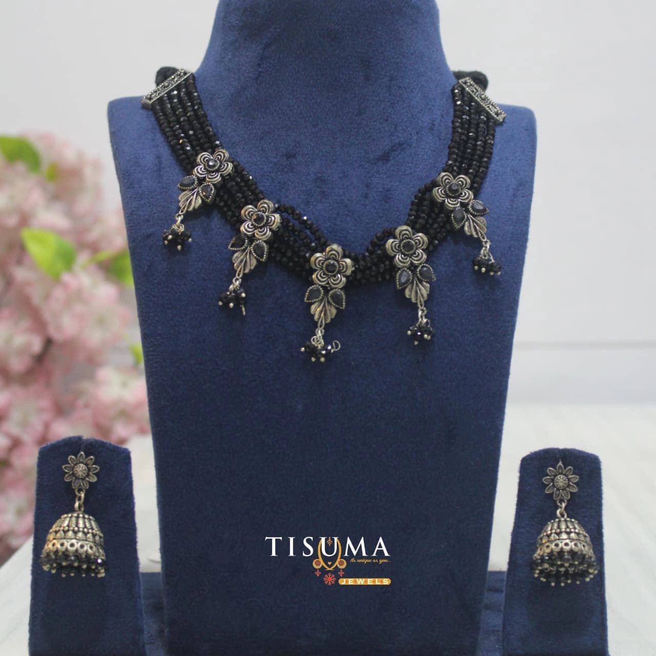 Black Beaded Oxidized Floral Necklace Set