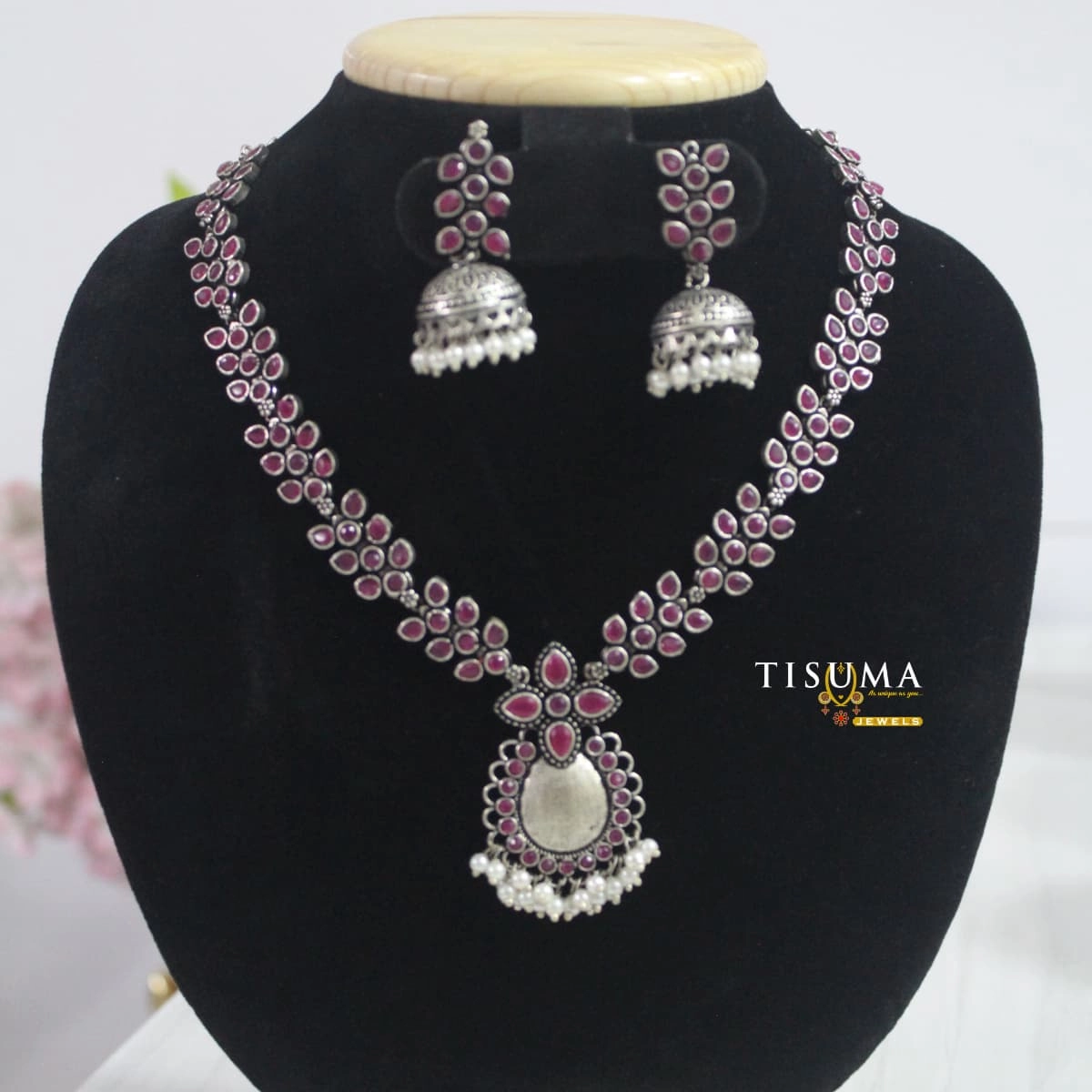 Pink Stone Pendant Oxidized Necklace Set