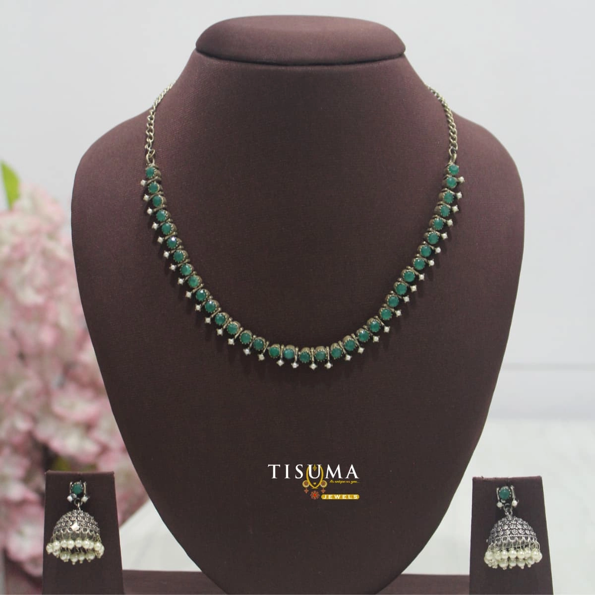 Green Stone Oxidized Necklace Set