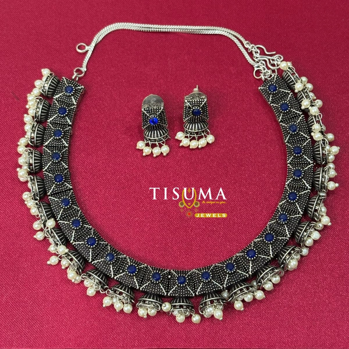 Blue Stone Oxidized Necklace Set