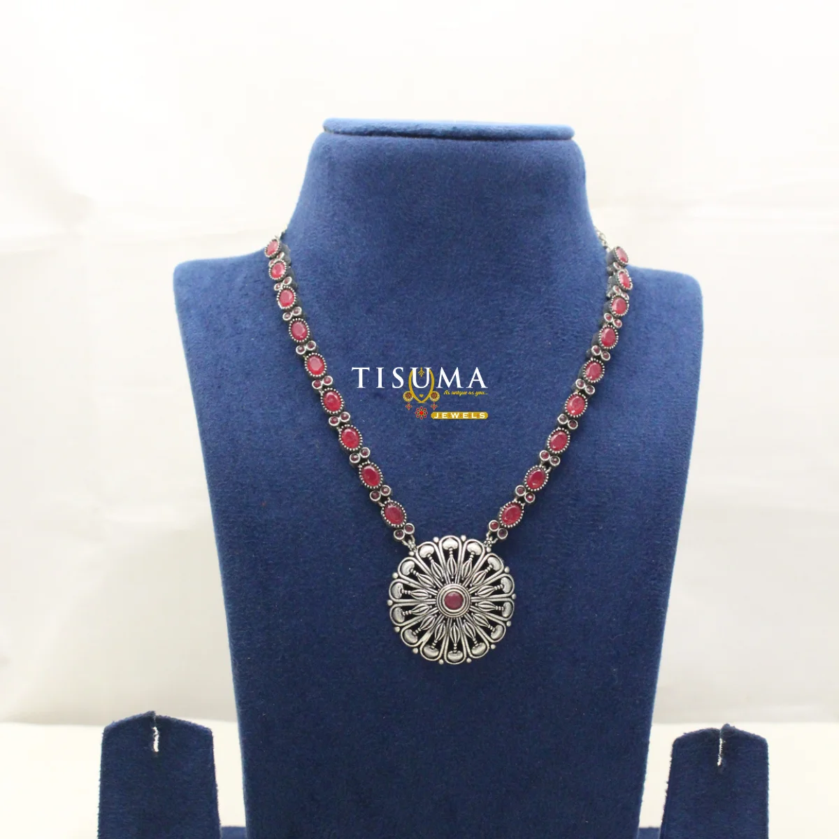 Red Stone Floral Oxidized Necklace