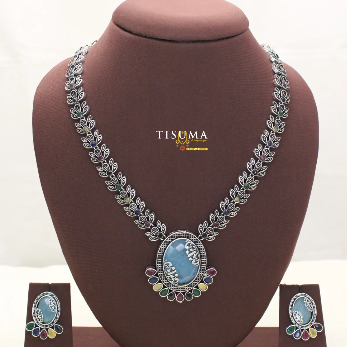 Blue Stone Multicolor Oxidized Necklace Set