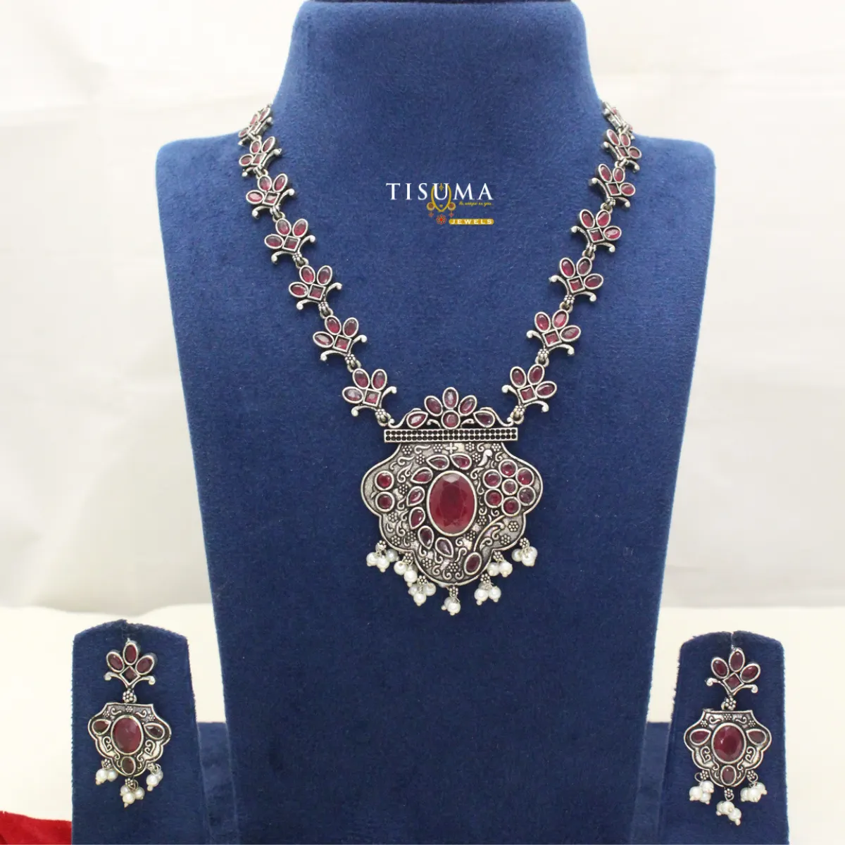 Ruby Stone Floral Oxidized Necklace Set