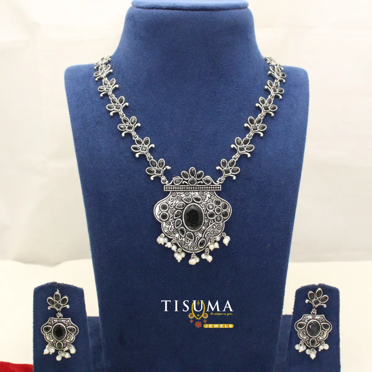 Black Stone Floral Oxidized Necklace Set
