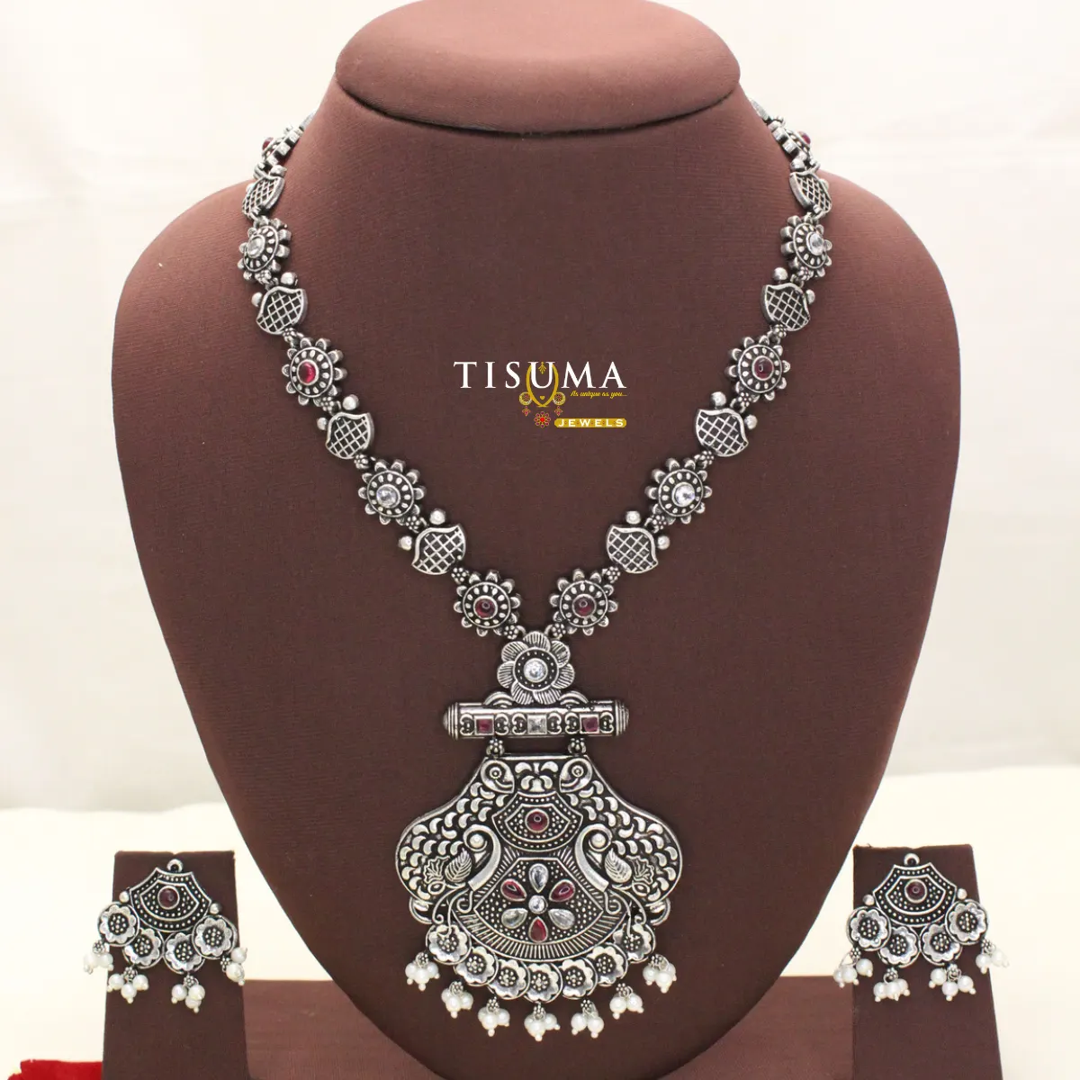 Ruby Floral Oxidized Statement Necklace Set