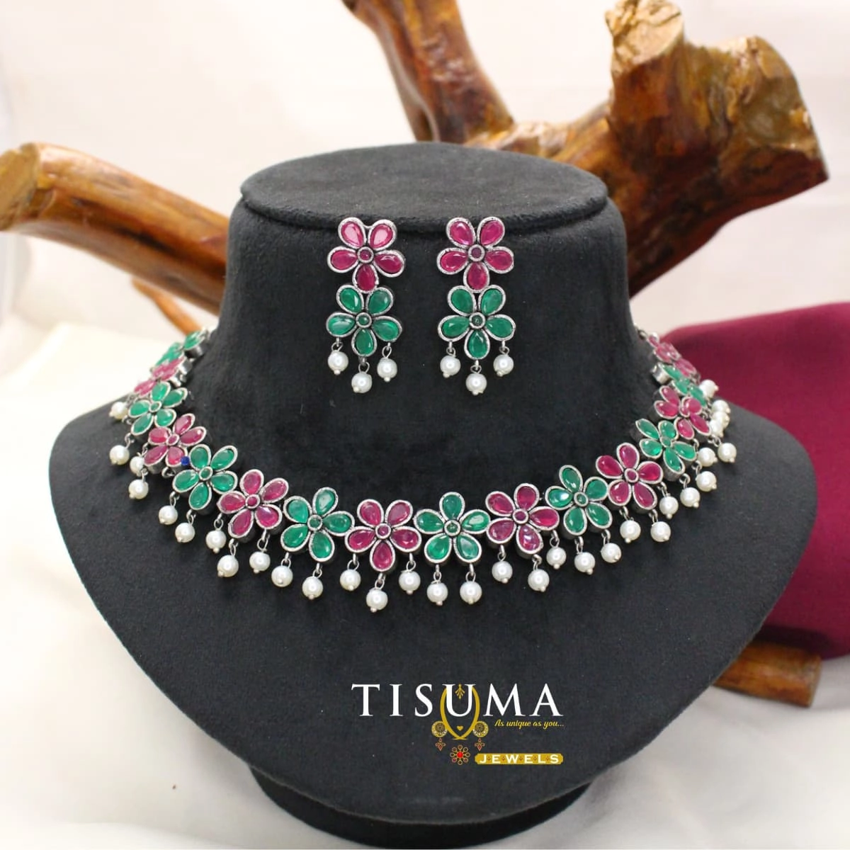 Ruby & Green Floral Necklace Set