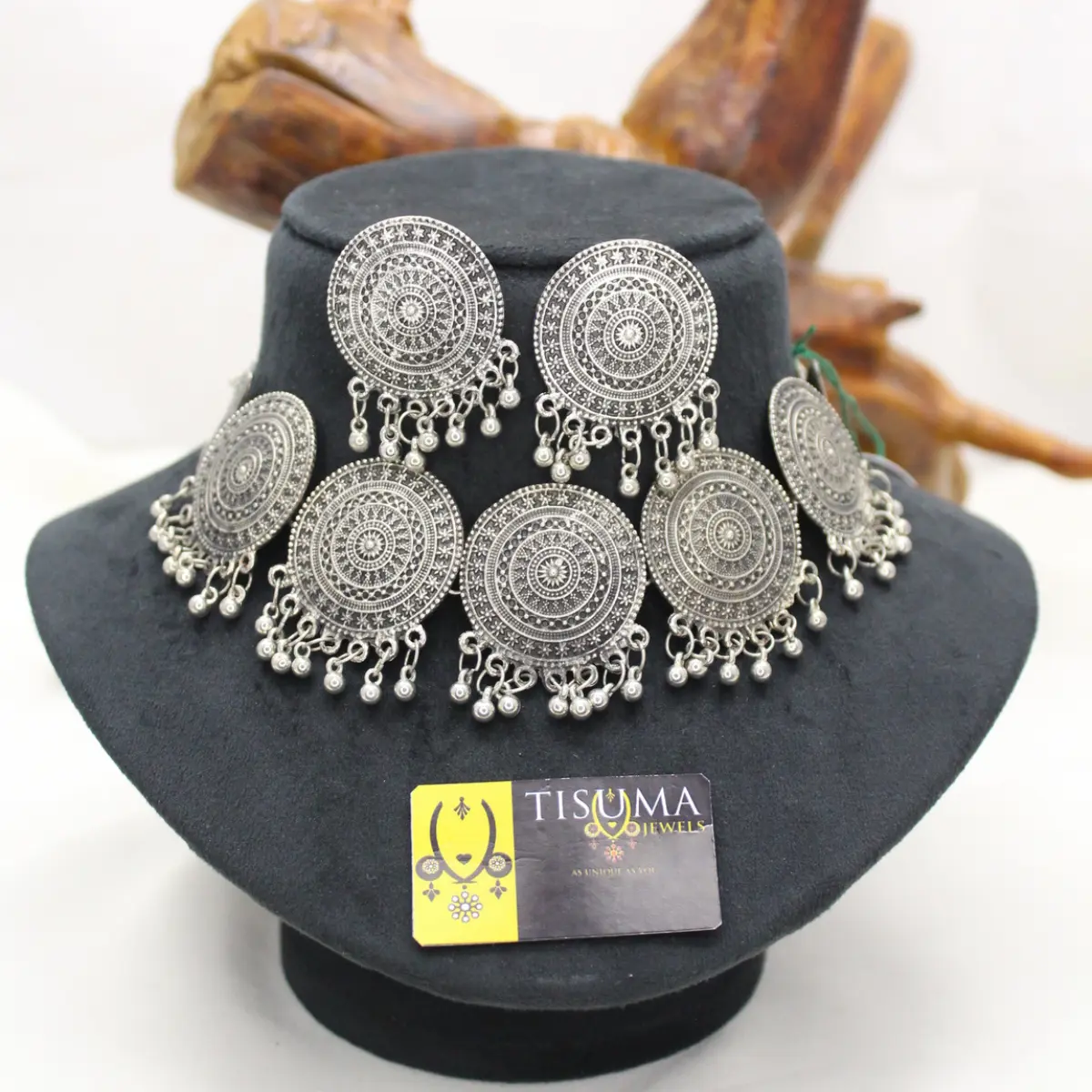 Oxidized Silver Round Disc Necklace Set