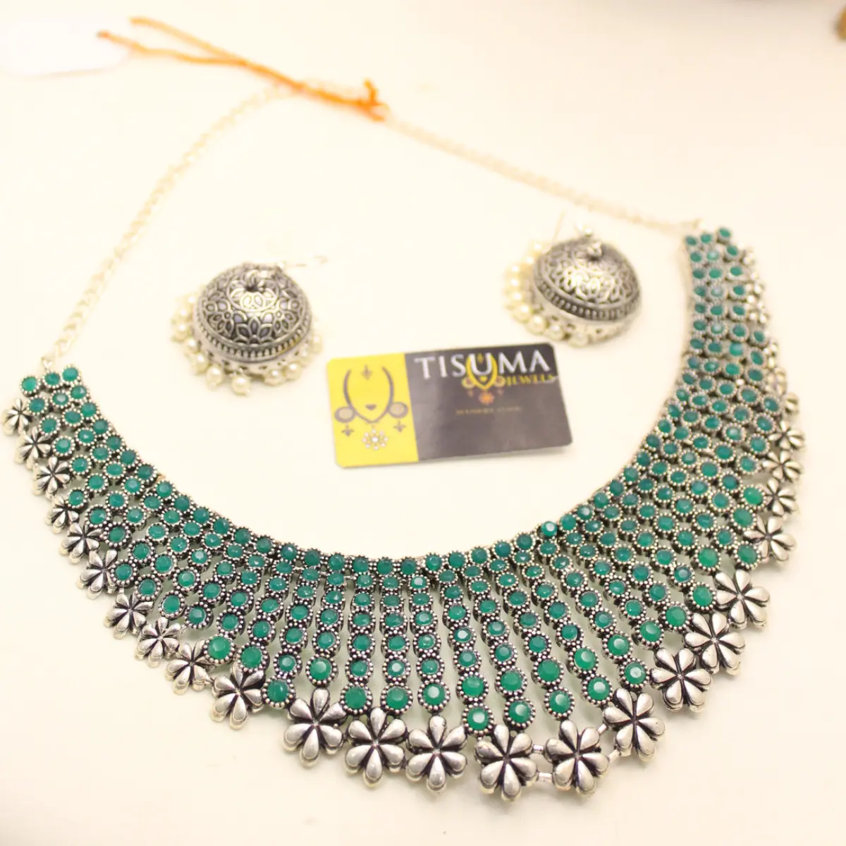 Green Stone Floral Oxidized Choker Necklace Set
