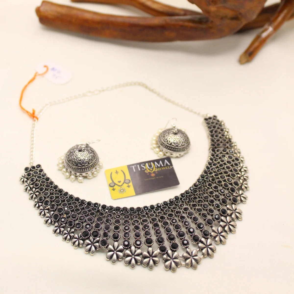 Black Stone Floral Oxidized Choker Necklace Set