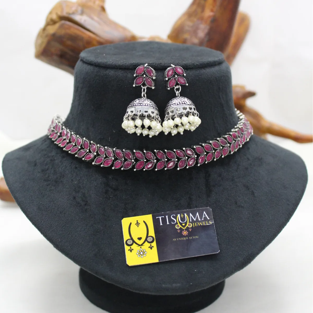 Pink Stone Oxidized Leaf Choker Set