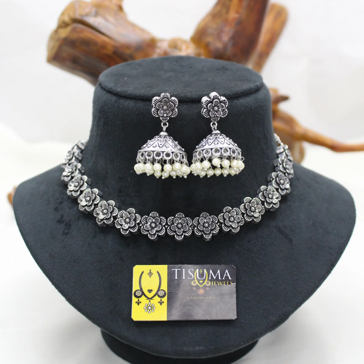 Oxidized Floral Choker Necklace Set