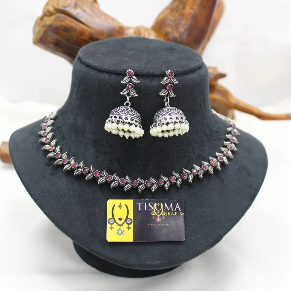 Pink Stone Leaf Oxidized Necklace Set
