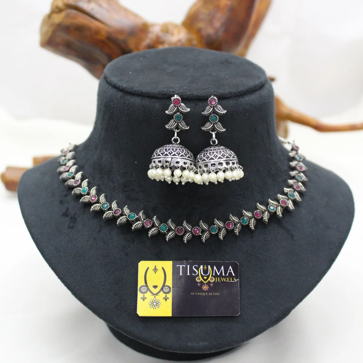 Multicolor Leaf Oxidized Necklace Set