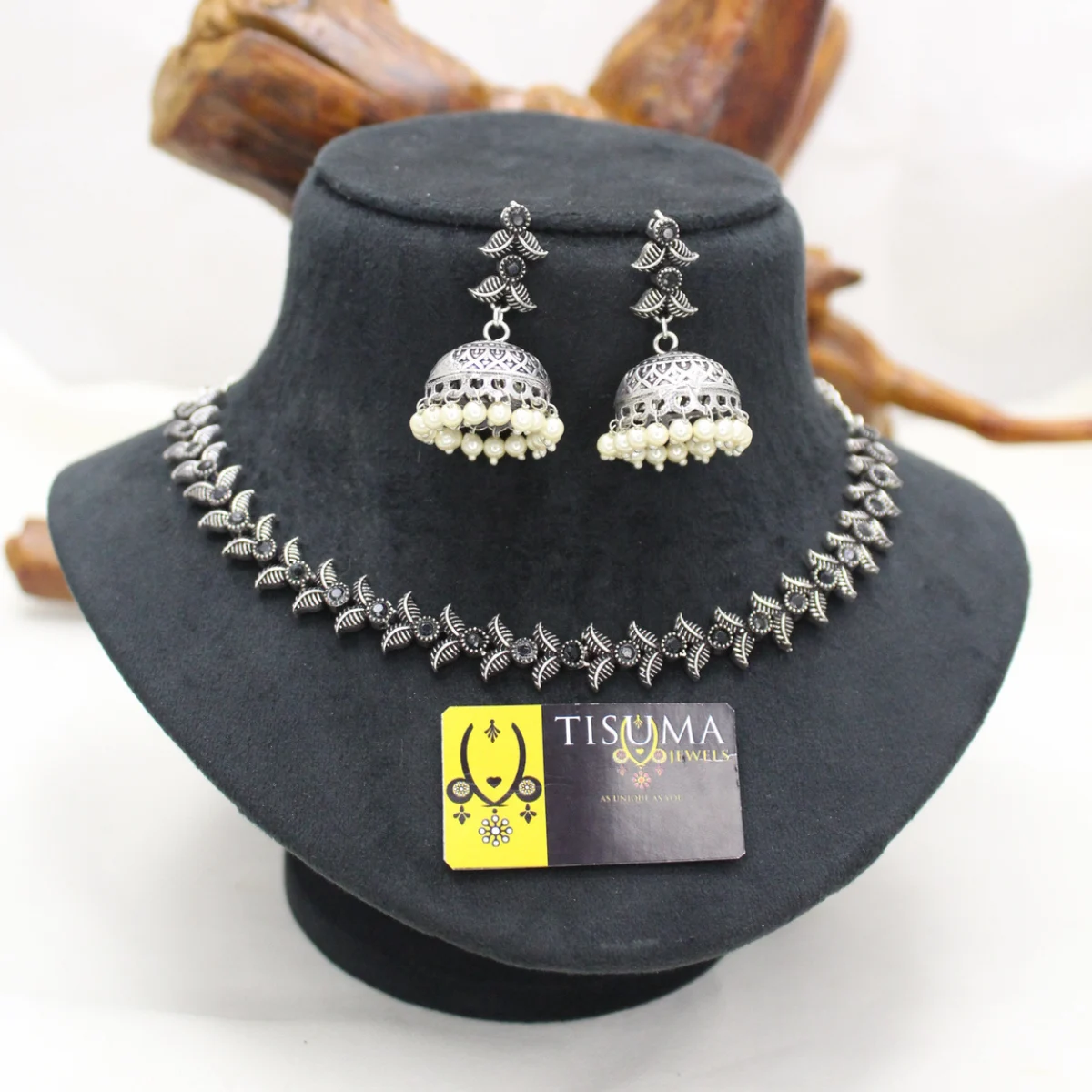 Black Stone Leaf Oxidized Necklace Set
