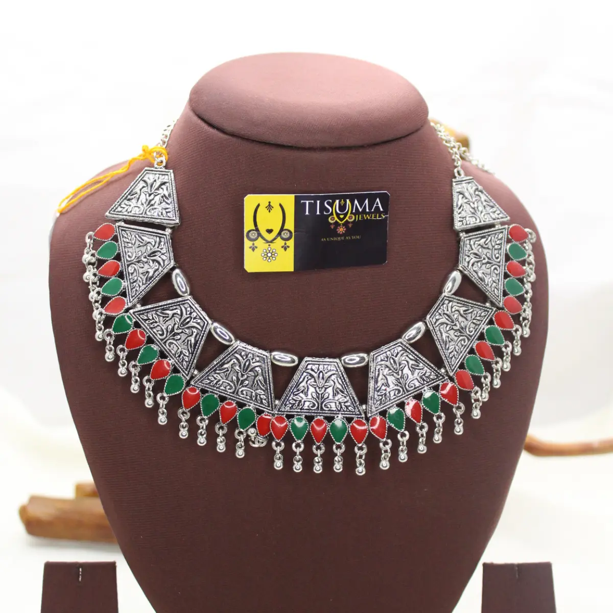 Multicolor Triangle Oxidized Necklace Set