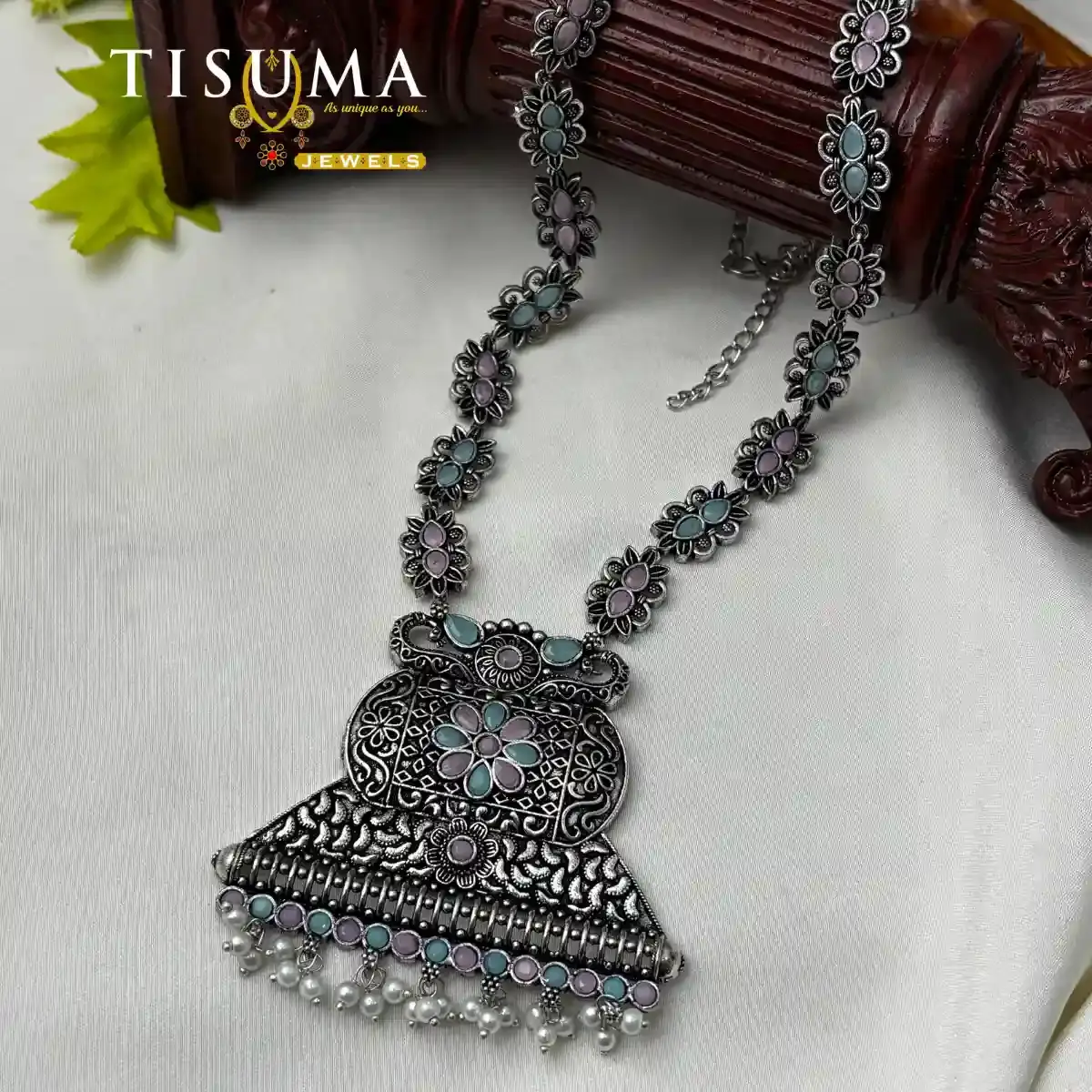 Oxidized Floral Link Pastel Stone Trapezoid Pendant Necklace