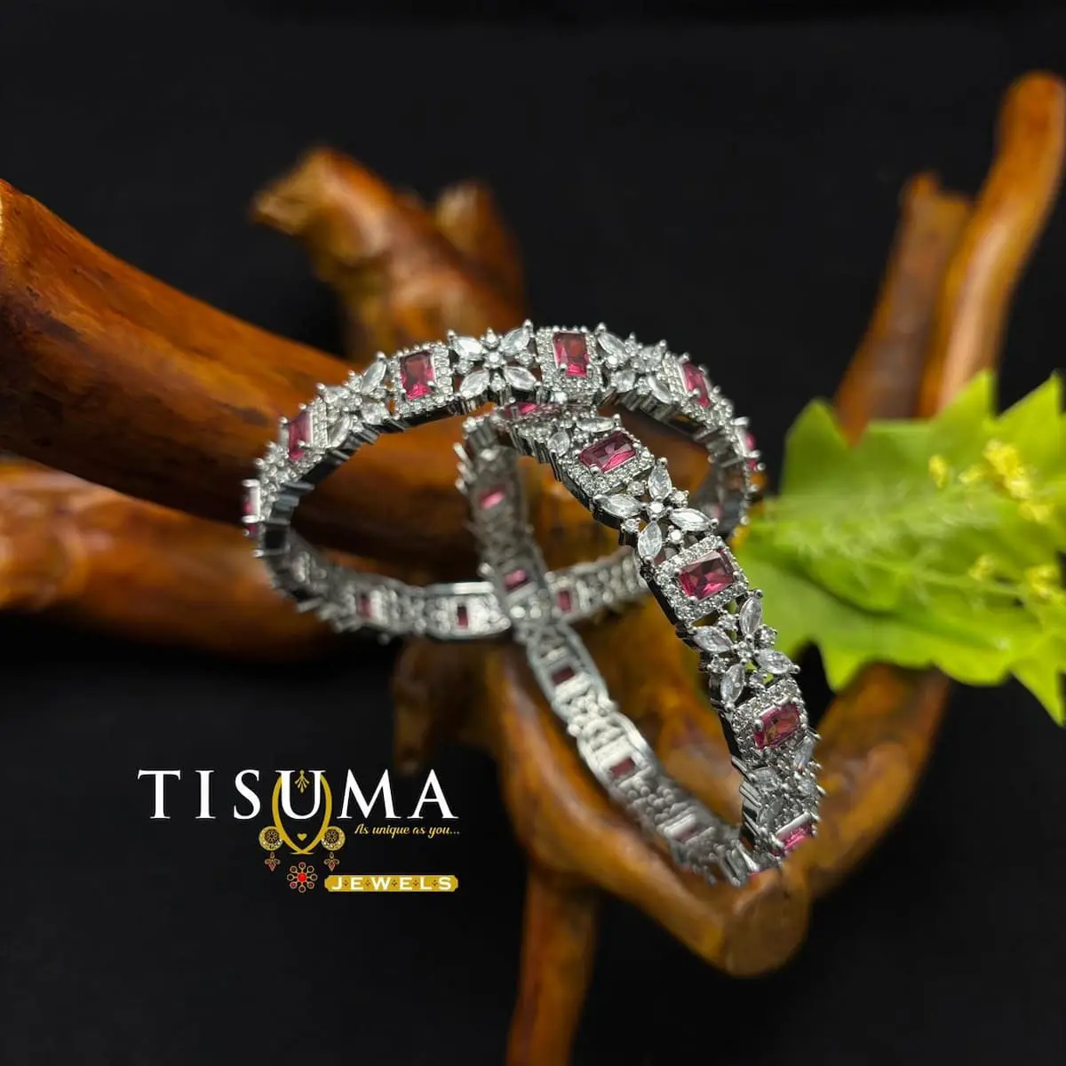 Silver Ruby Floral AD Bangles