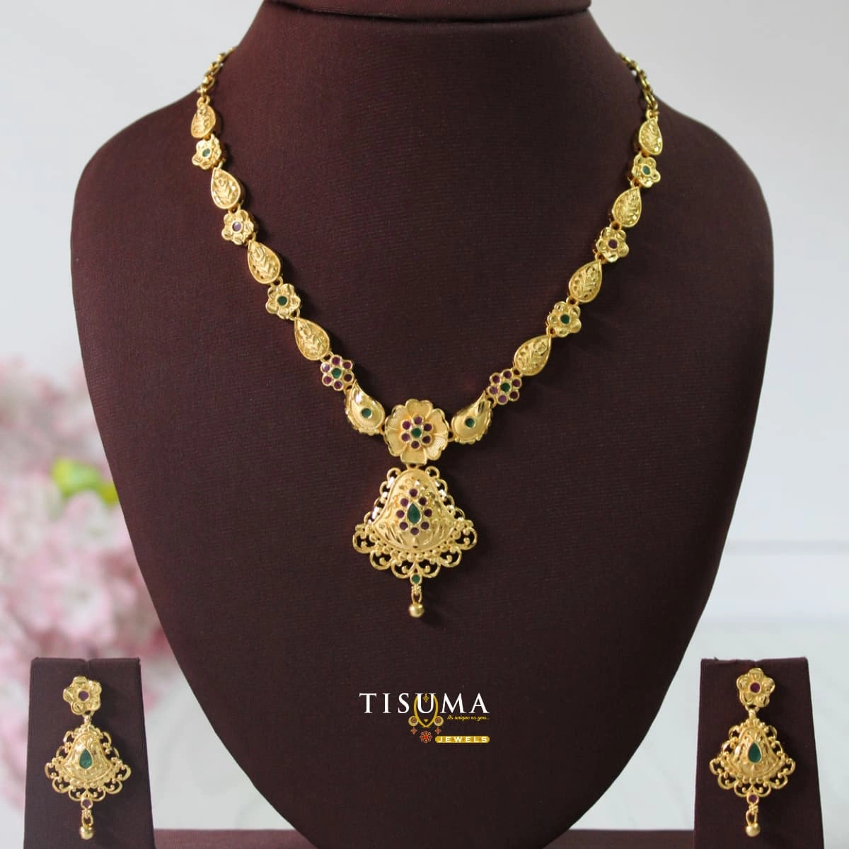 One Gram Floral Teardrop Pendant Necklace