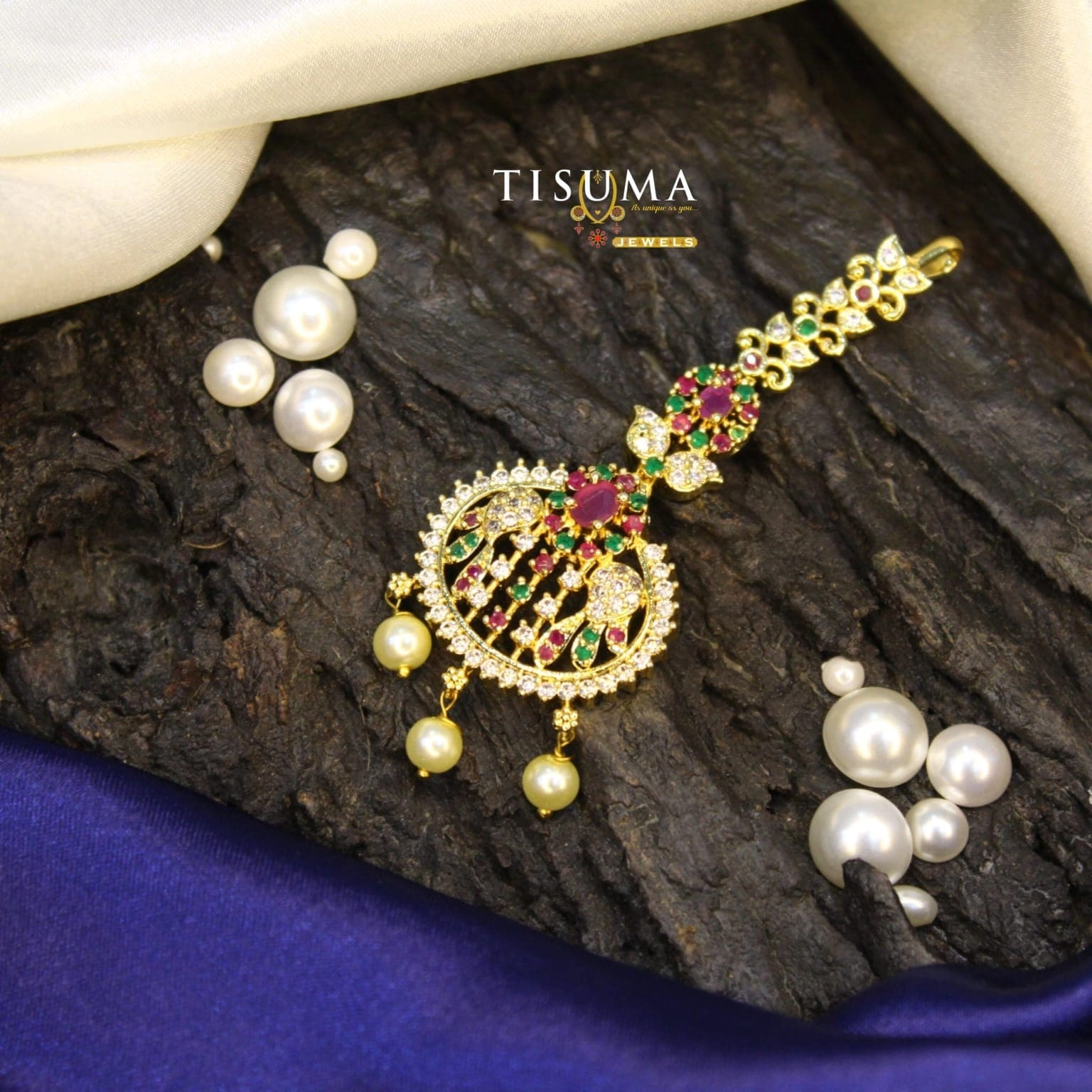 AD Nethi Chutti – Ruby & Green Stone Floral Design
