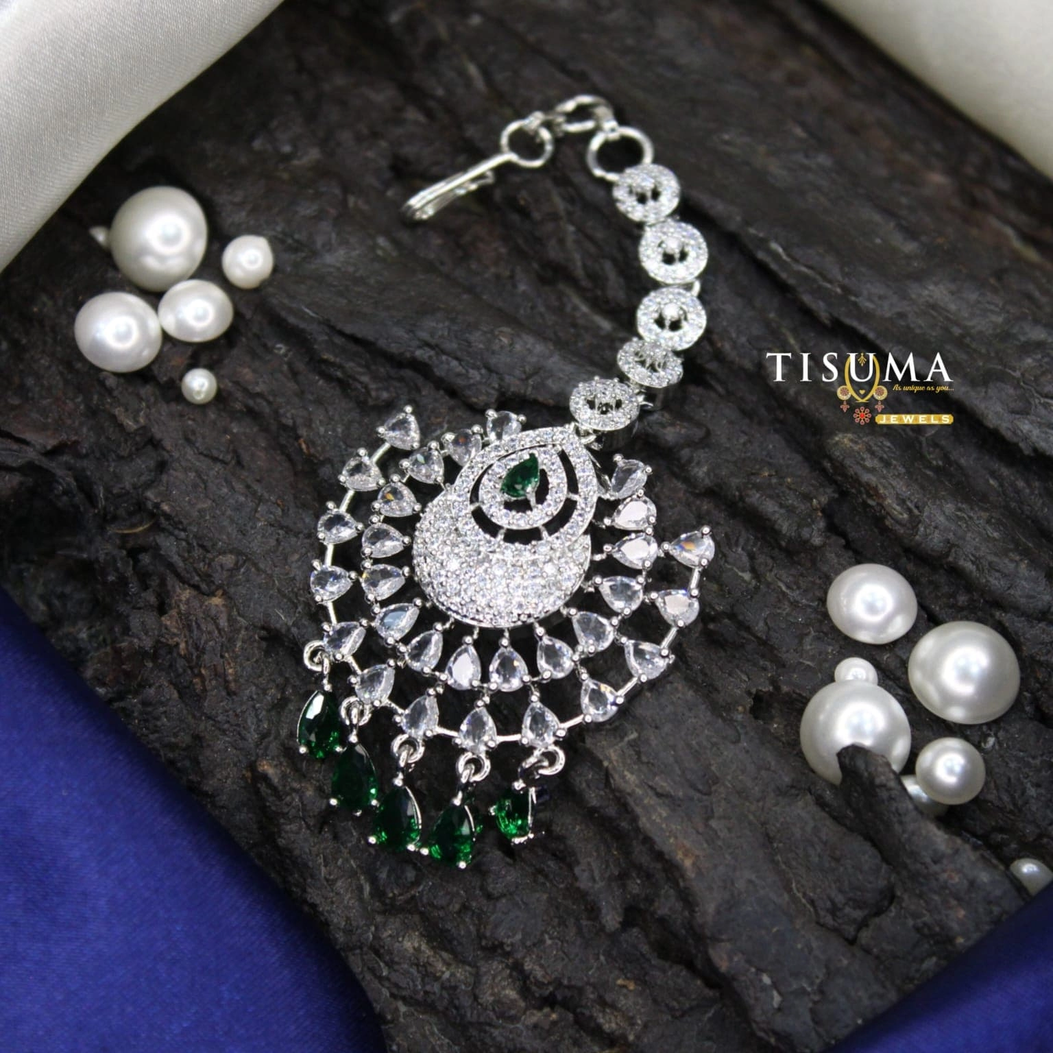 AD Silver Nethi Chutti – Green Stone Peacock Design