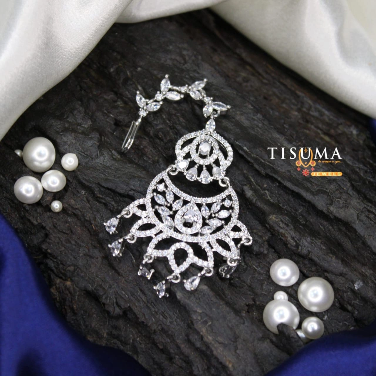 AD Silver Floral Drop Nethi Chutti
