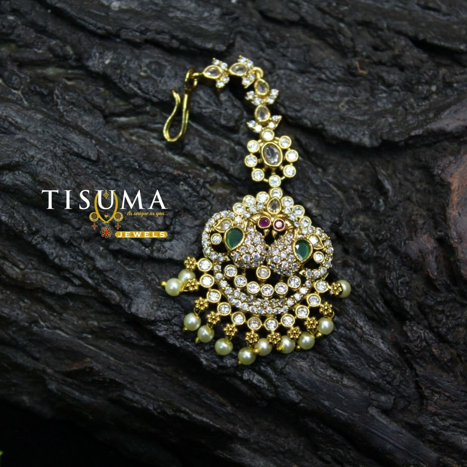 Antique Peacock Green Ruby Pearl Nethi Chutti