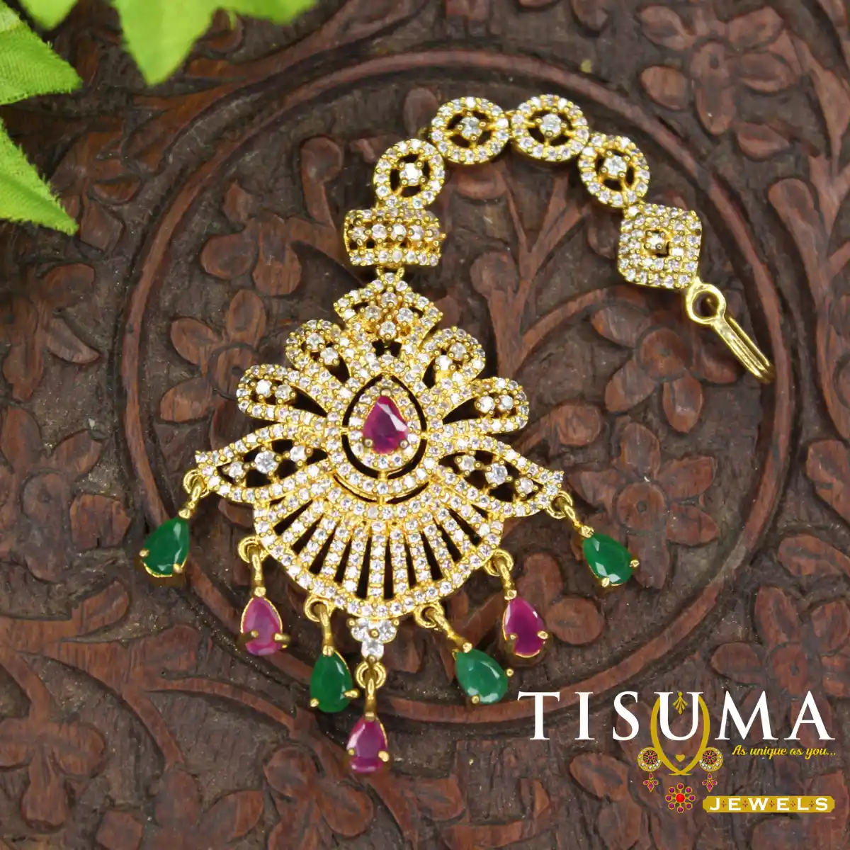 Premium AD Floral Ruby Green Stone Nethi Chutti