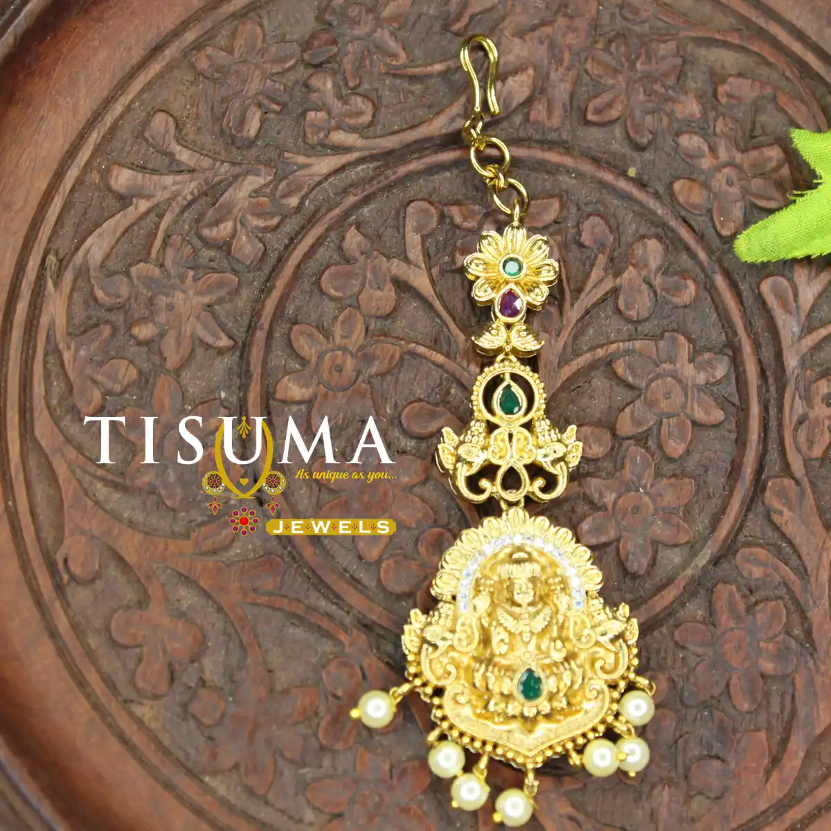 Antique Lakshmi Green Stone Pearl Drop Nethi Chutti