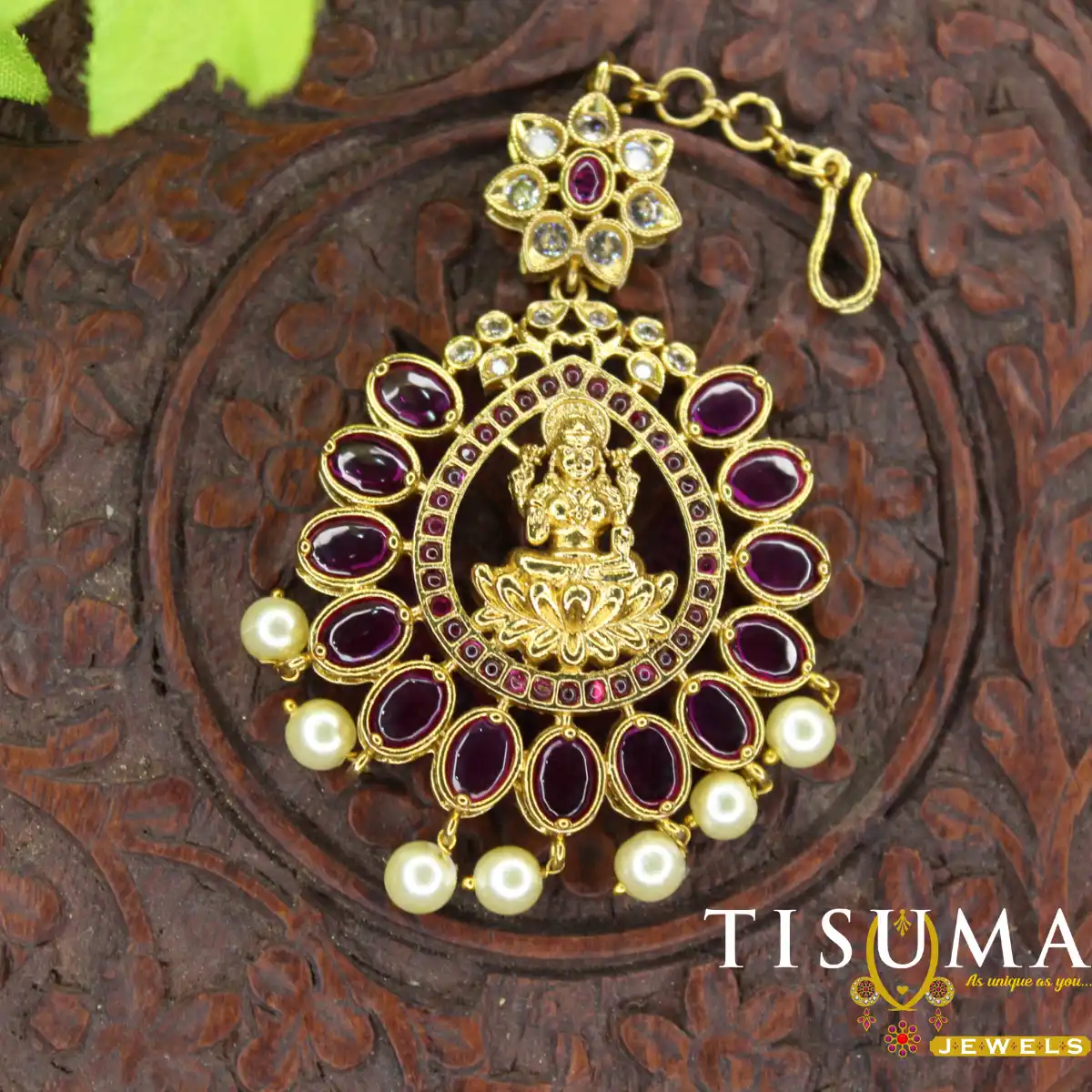Antique Lakshmi Ruby Stone Pearl Drop Nethi Chutti