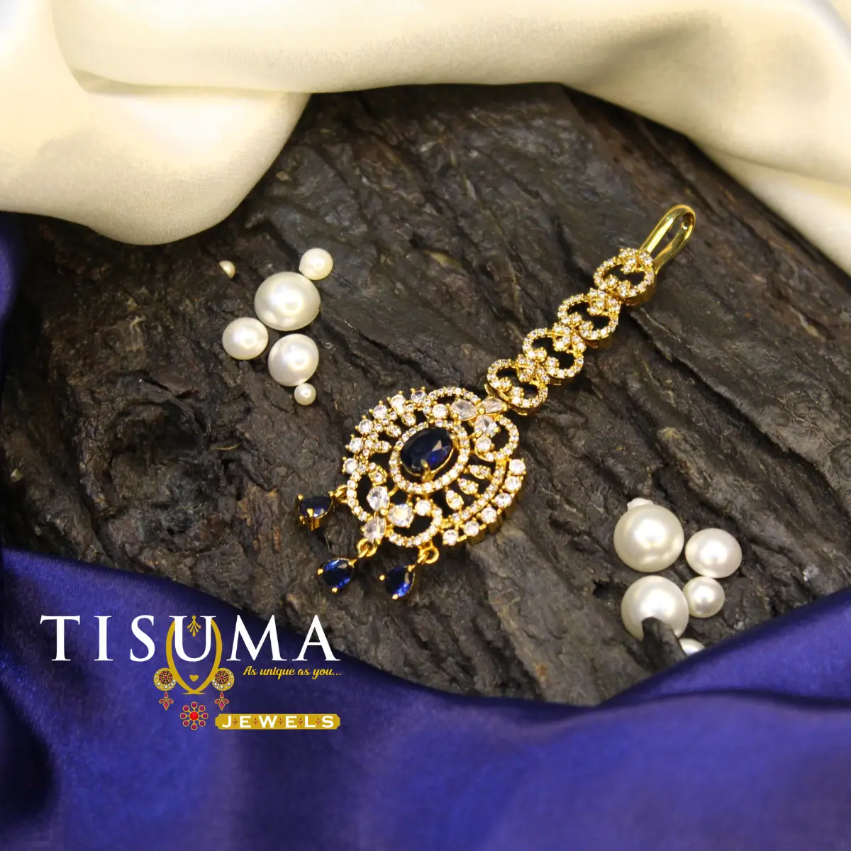 Blue Stone Gold Floral Nethi Chutti