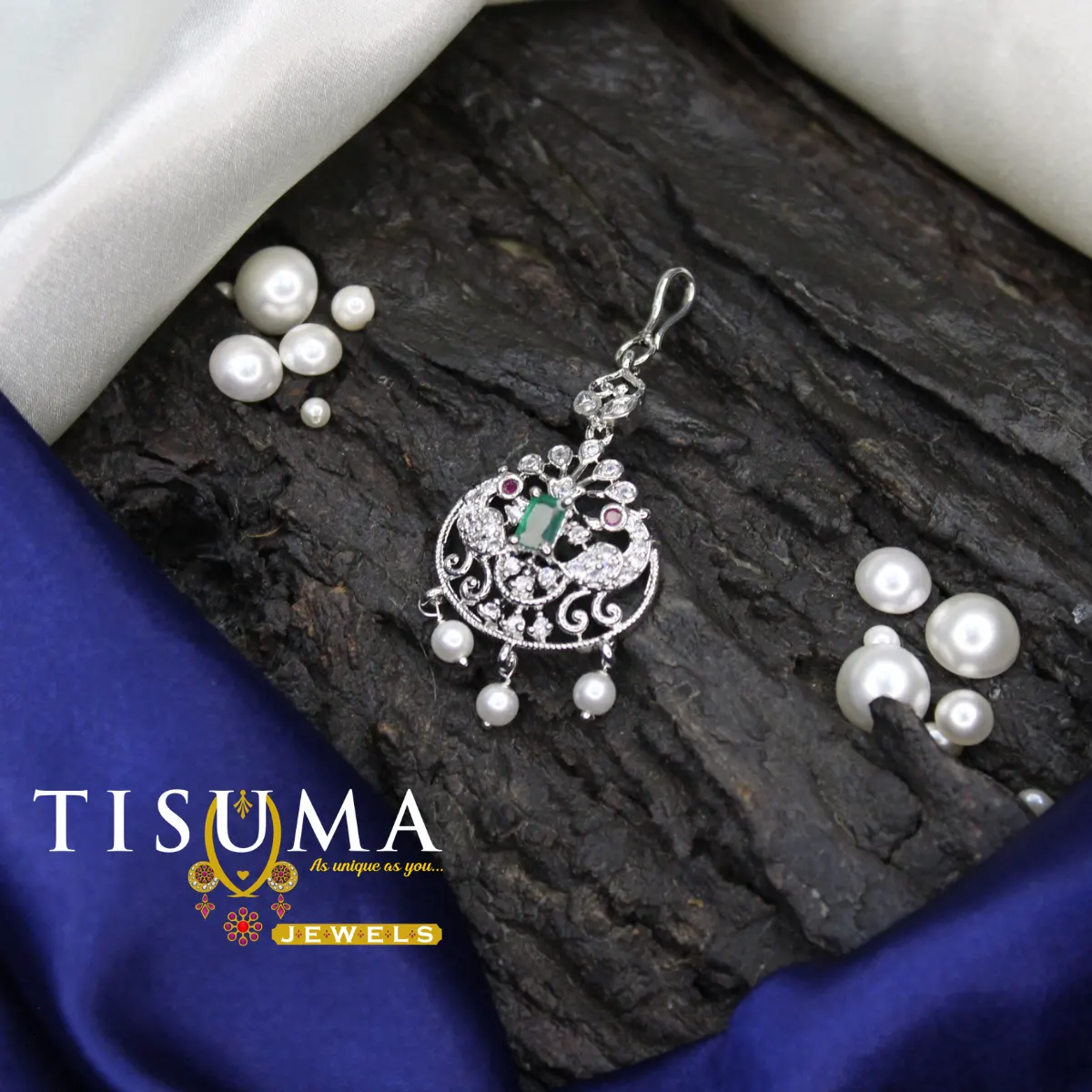 Green Stone Peacock Floral Pearl Drop Nethi Chutti