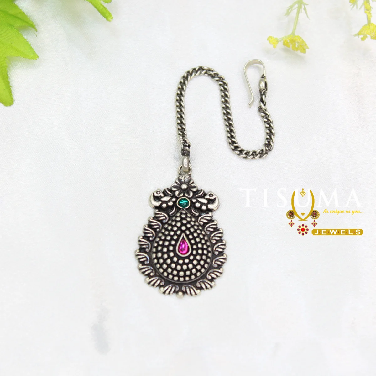 Antique Peacock Design Green & Pink Stone Nethi Chutti