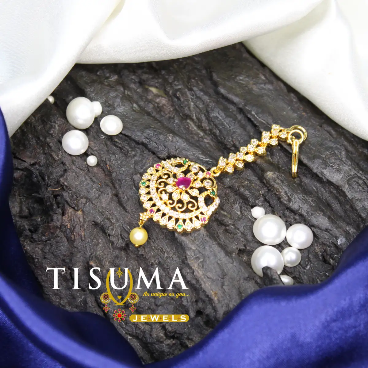Pink Stone Gold Floral Pearl Drop Nethi Chutti