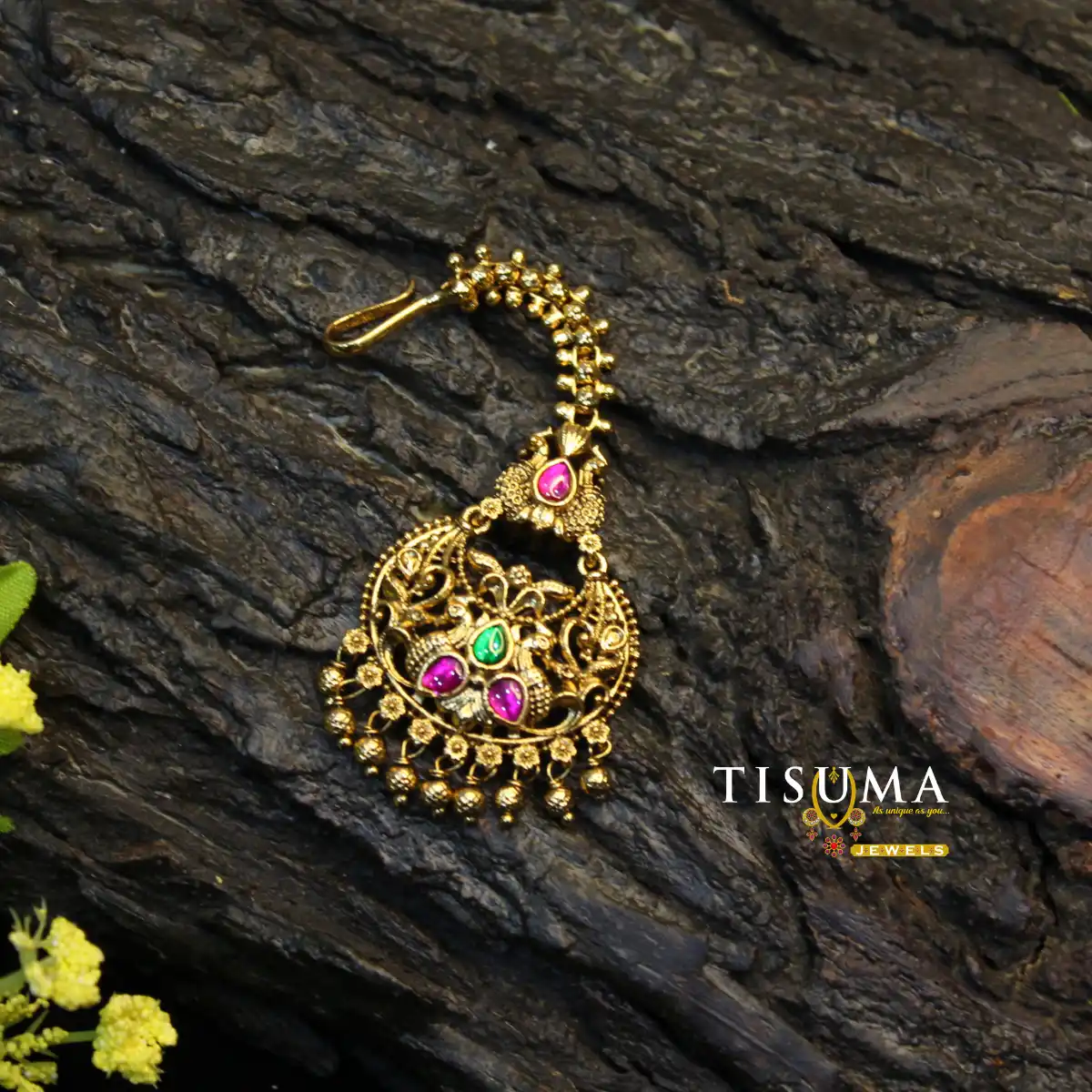Antique Pink Green Stone Floral Nethi Chutti