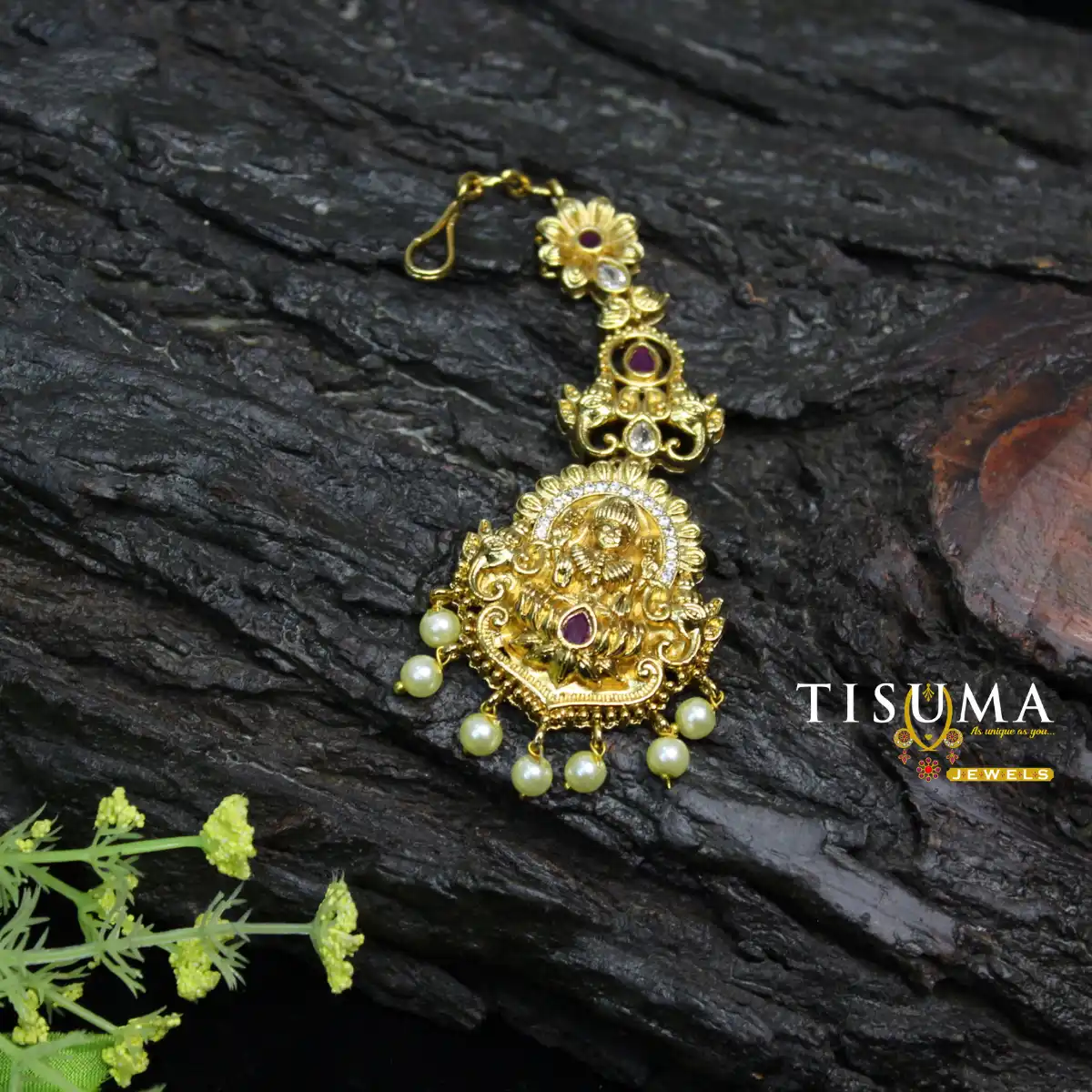 Antique Lakshmi Ruby Stone Pearl Drop Nethi Chutti