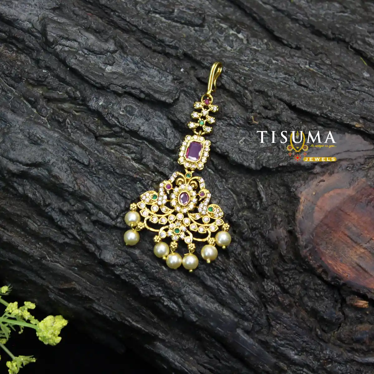Antique Purple Stone Pearl Drop Nethi Chutti