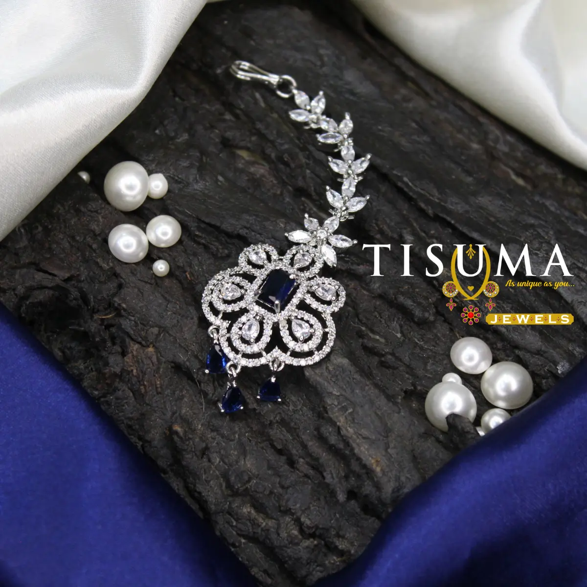 Premium AD Blue Stone Floral Leaf Nethi Chutti
